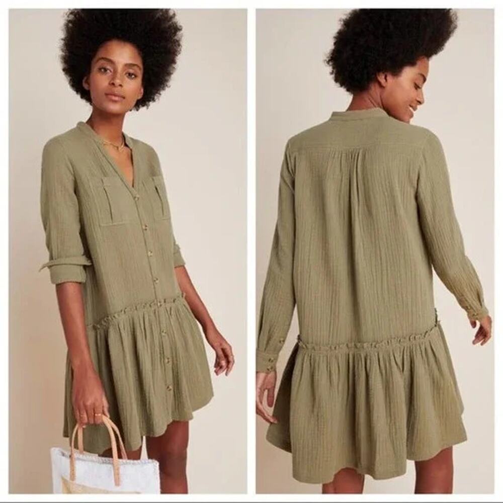 NWOT Anthropologie MAEVE Olive Green Gauze long sleeve relaxed dress size US 4